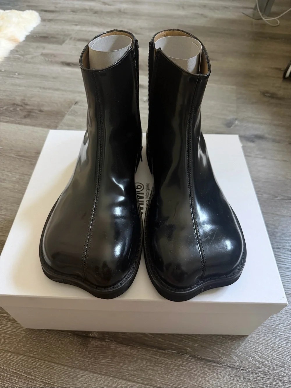 MM6 Maison Martin Margiela ‘Anatomic’ Black Glossy Leather Ankle Boots